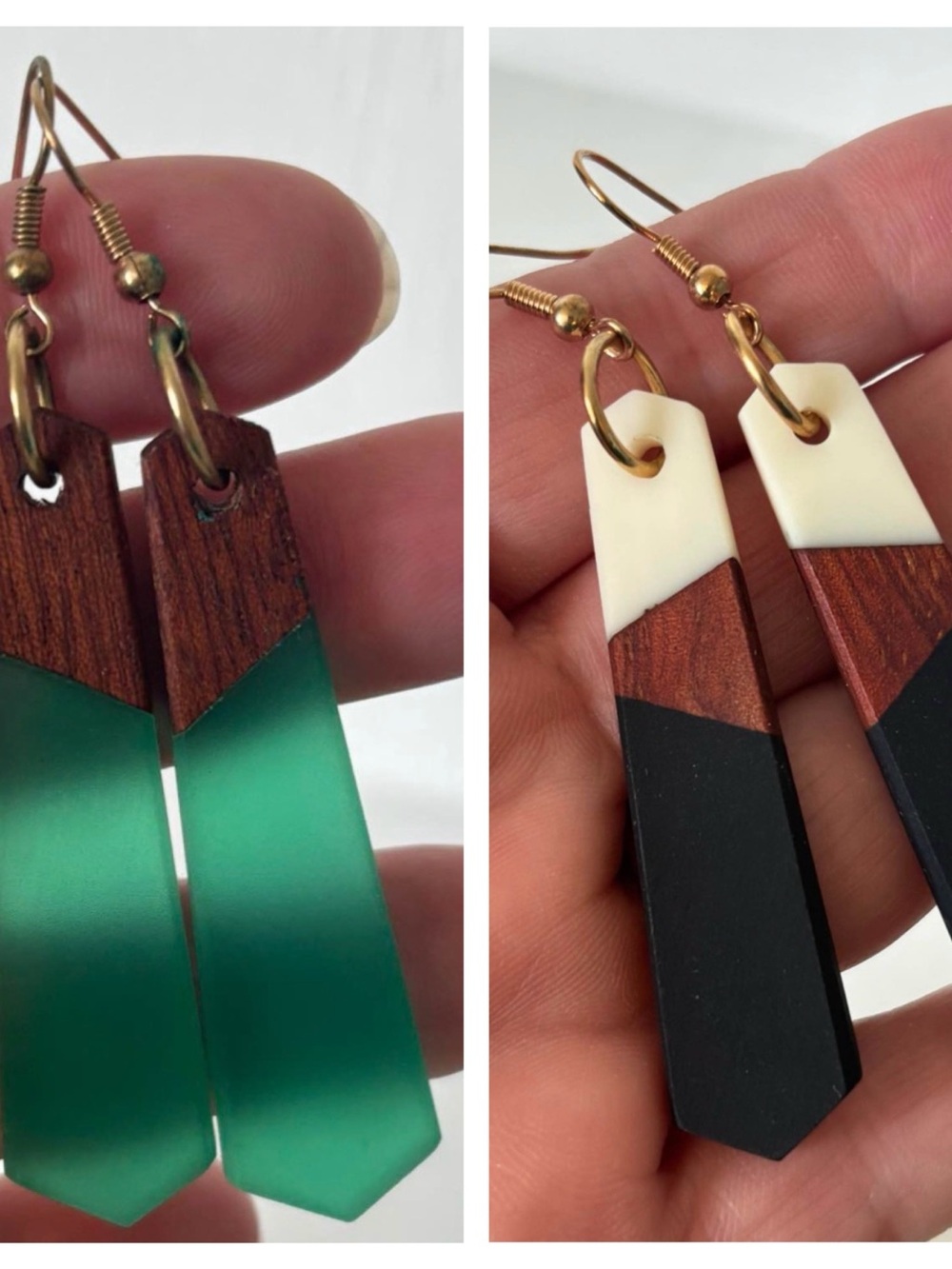 Handcrafted Wood & Resin Drop Earrings - Green and Black/White